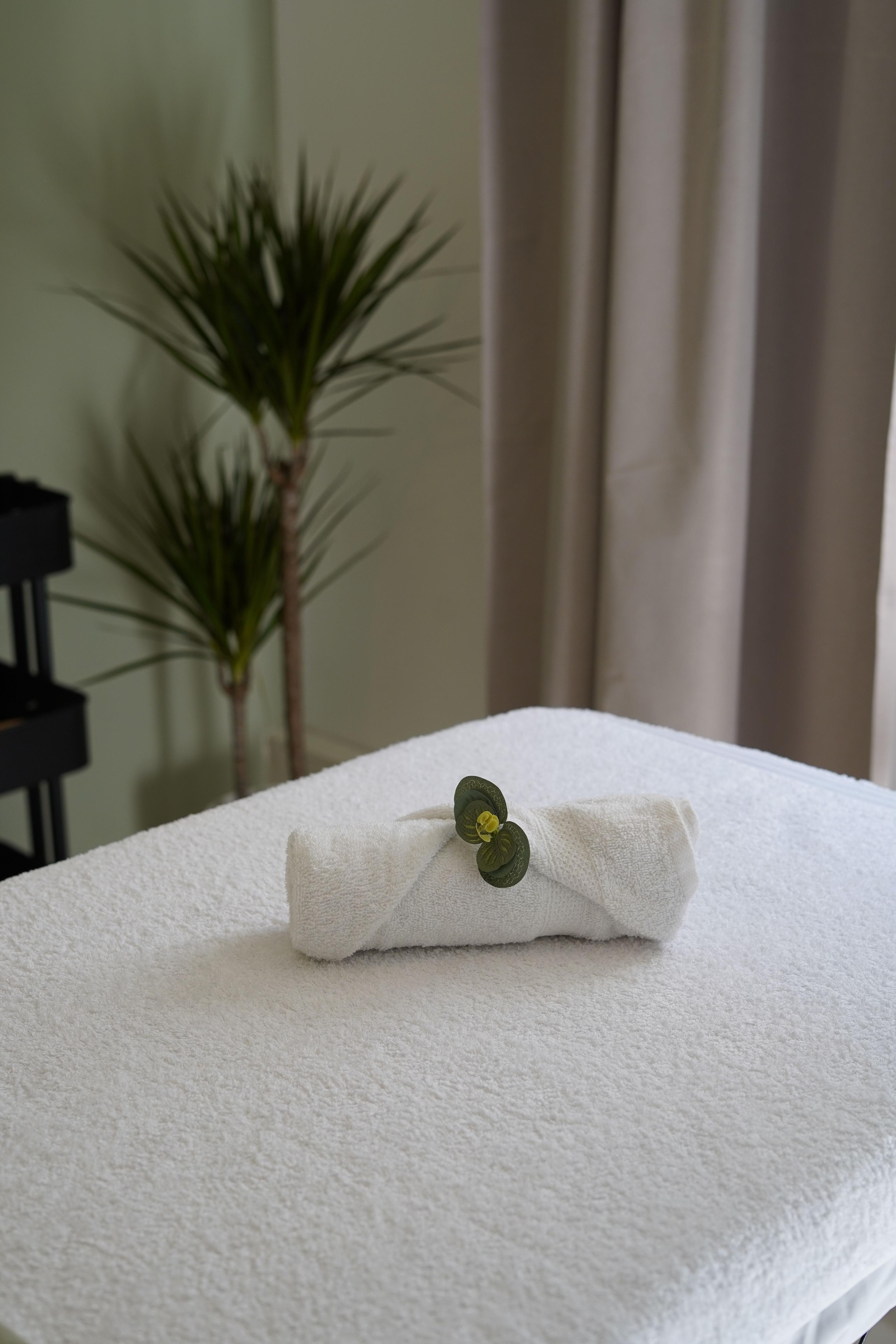 A neatly rolled white towel on a made-up massage table in a bright, plant-filled spa room